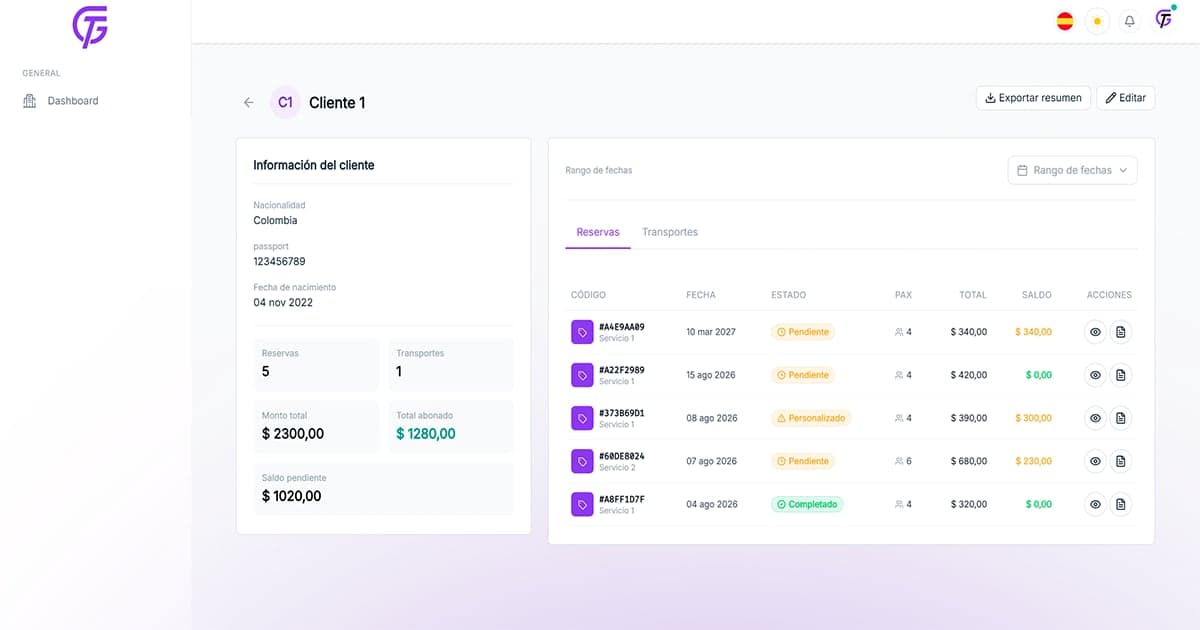 Ficha de cliente en GestiónTour con su historial de reservas, monto total, total abonado y saldo pendiente
